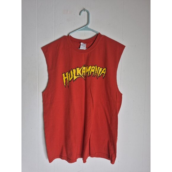 Vtg  Wrestling Shirt Sleeveless Hulkamania Spellout Red Hulk Hogan Men's Size XL - Picture 9 of 9